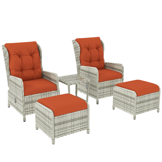 Photo of Outsunny 5 Pieces Rattan Bistro Set with Adjustable Back, Reclining Wicker Balcony Furniture with Cushions, Glass Top Coffee Table and Footstools, Outdoor Table and Chairs, Orange in Orange colour on a white background