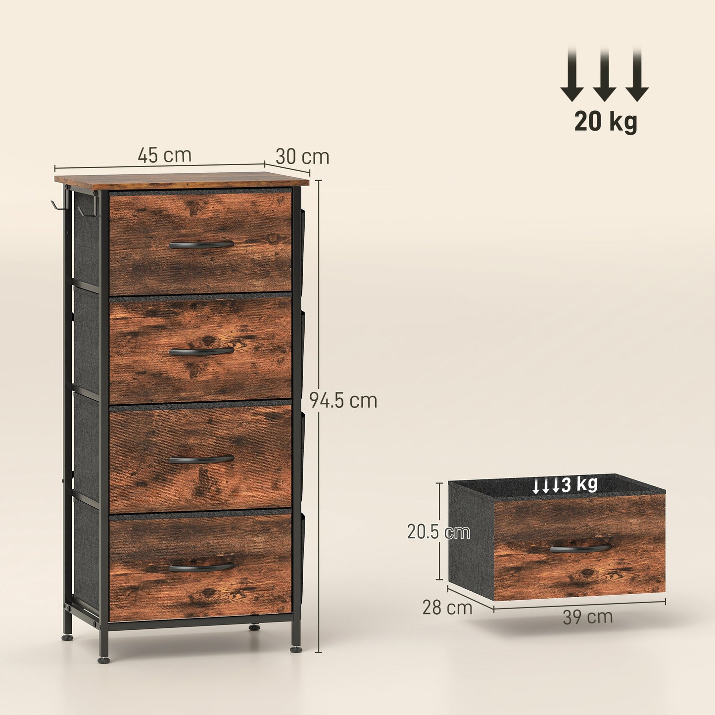 HOMCOM Chest of Four Fabric Drawers - Rustic Brown