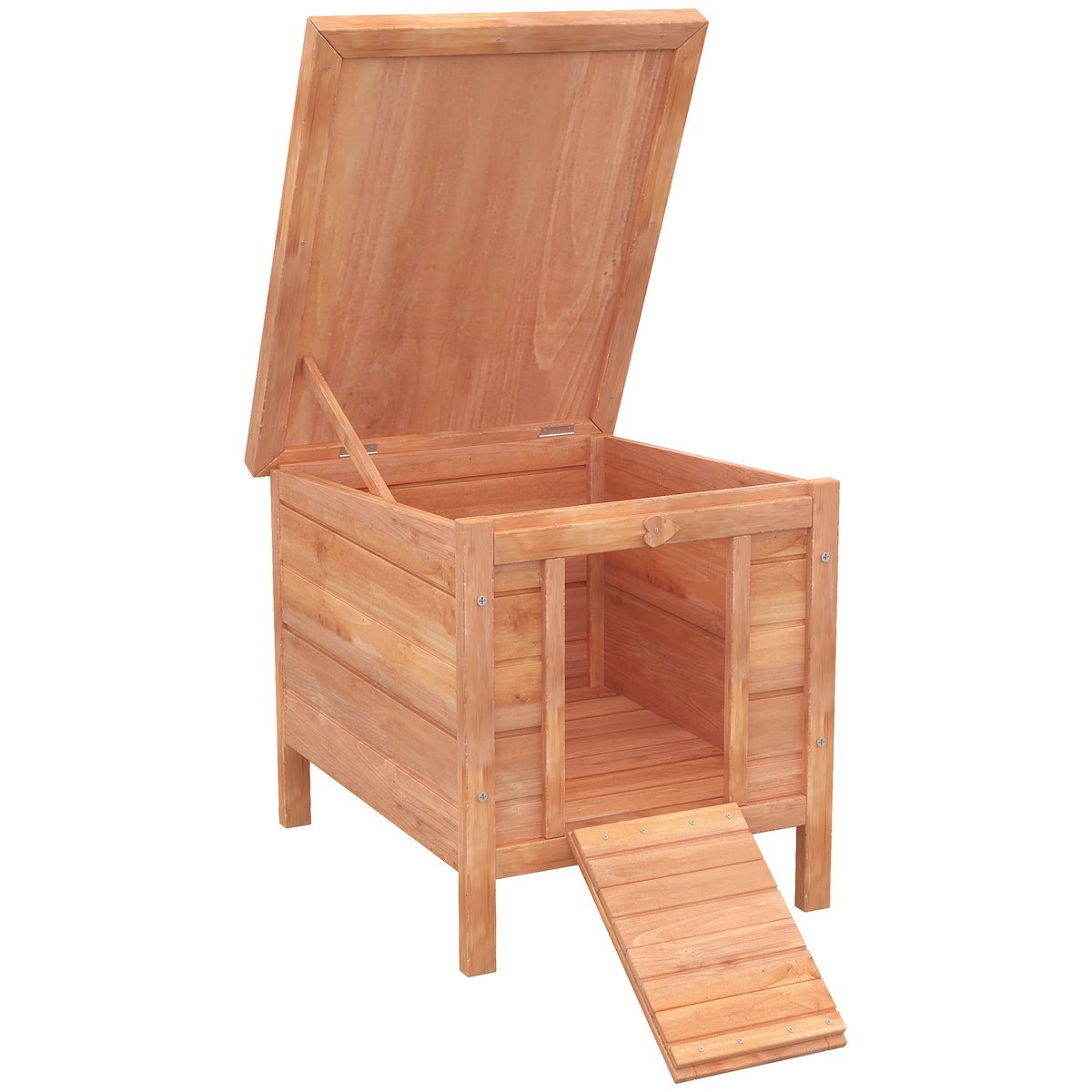 Natural wood rabbit hutch with open roof, interior compartment, and ramp