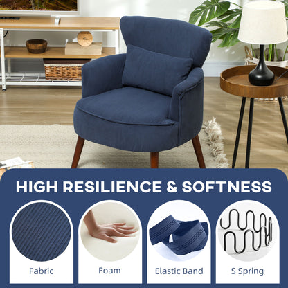 Blue corduroy accent chair with padded seat, lumbar pillow, and curved arms