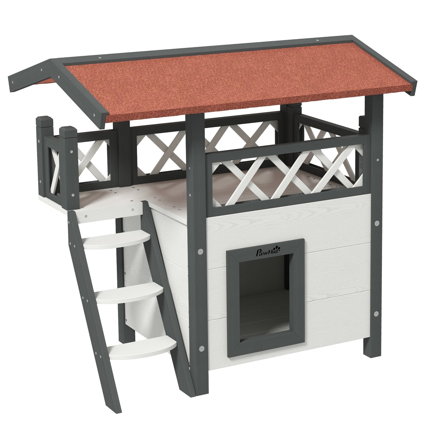 Photo of PawHut Cat House Outdoor w/ Balcony Stairs Roof, 77 x 50 x 73 cm, White in White colour on a white background