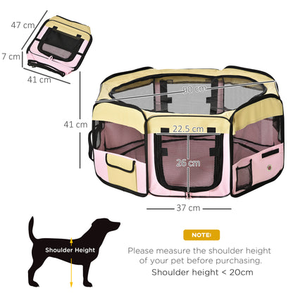 Pink and yellow foldable pet playpen with mesh panels and dimensions diagram