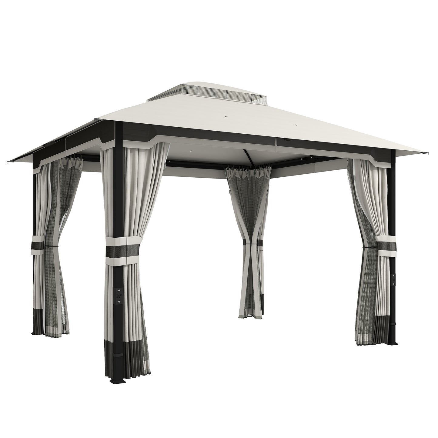 Photo of Outsunny 3 x 3.6 m Outdoor Garden Gazebo with Netting and Curtains, Double Roof Patio Gazebo Permanent Pavilion, Light Grey in Grey colour on a white background