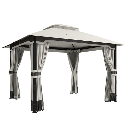 Photo of Outsunny 3 x 3.6 m Outdoor Garden Gazebo with Netting and Curtains, Double Roof Patio Gazebo Permanent Pavilion, Light Grey in Grey colour on a white background