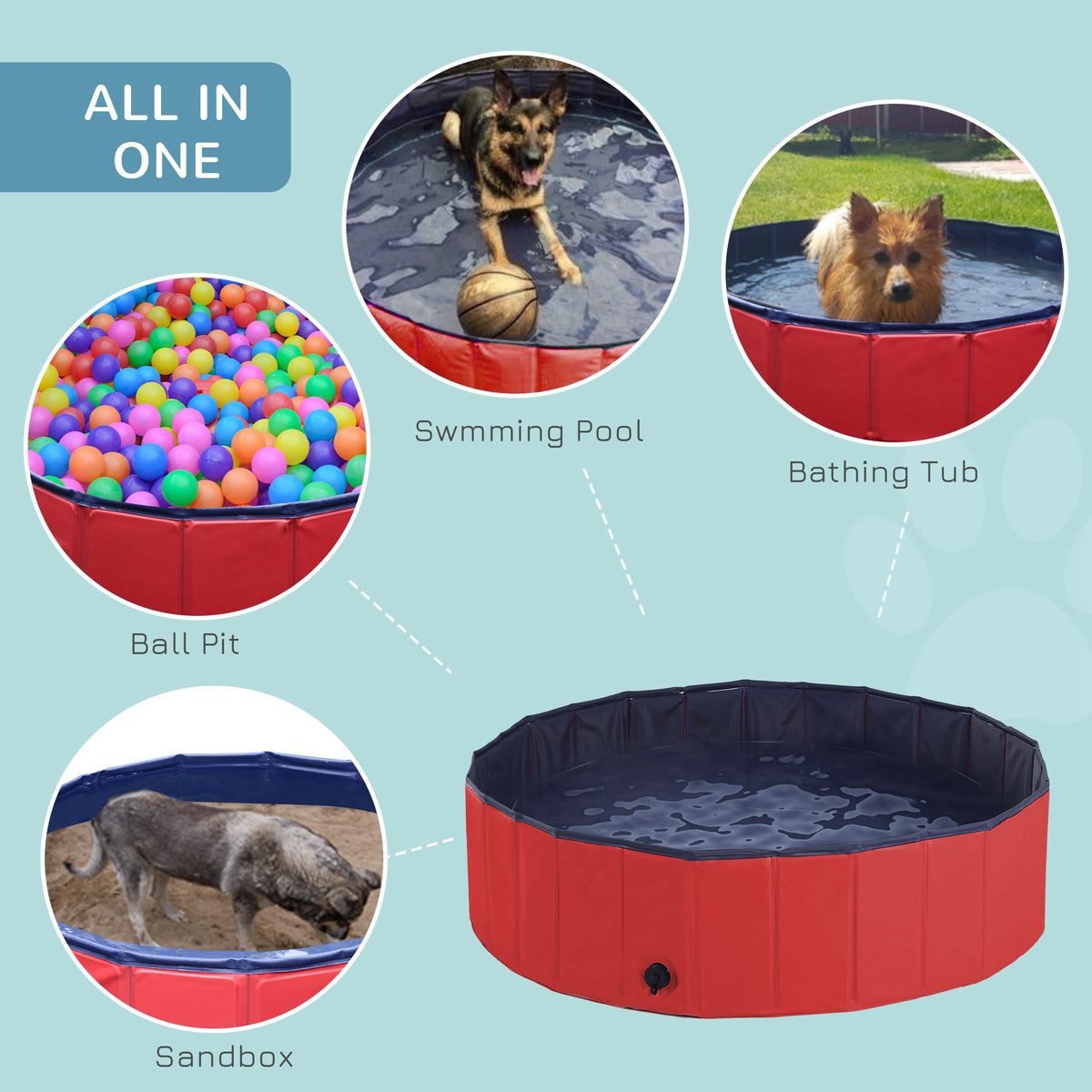 PawHut Foldable Dog Pool for Puppies and Ducks, Thickened PVC Dog Paddling Pool Bath Tub Hard Board, Anti-Slip Bottom and Drainage Hole, 120 x 30cm, Red and Blue