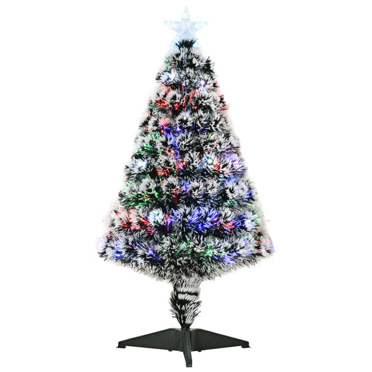Photo of HOMCOM 3ft Artificial Prelit Christmas Tree, Snow Xmas Tree with Colourful LED Lighting Fiber Optics, Green White in White colour on a white background