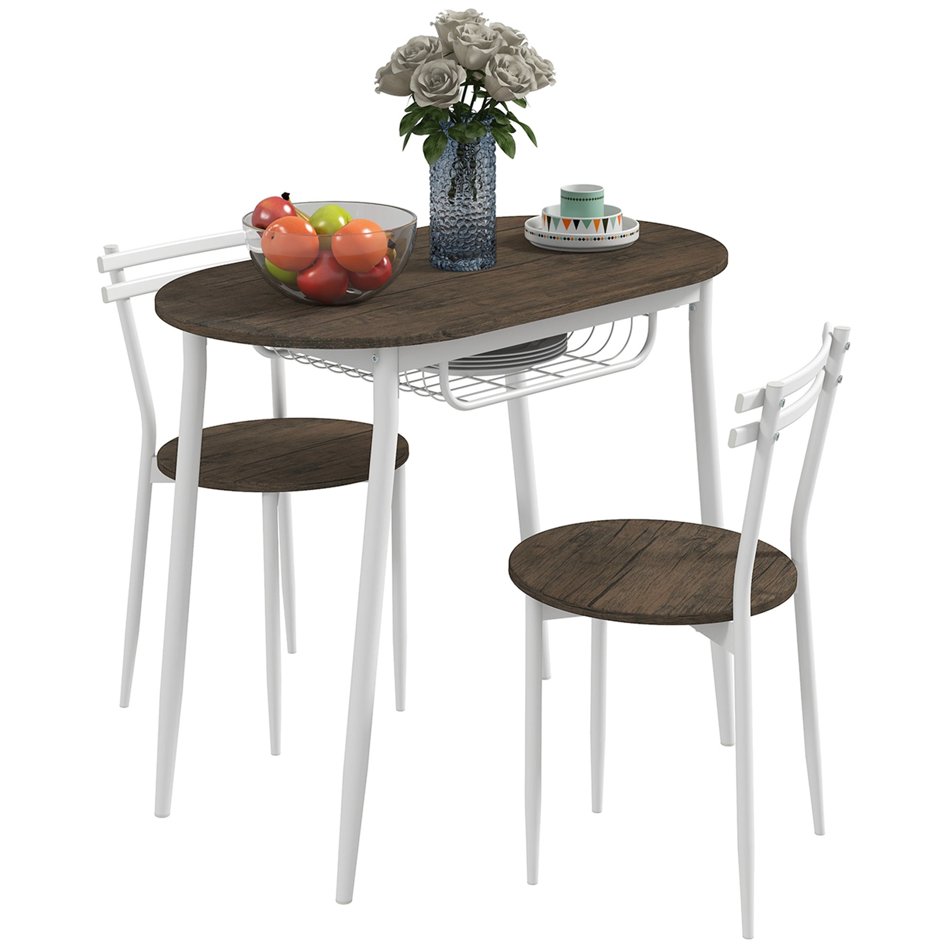 Photo of HOMCOM 3-Piece Dining Table and Chairs Set, Oval Kitchen Table with 2 Chairs, with Wire Storage Shelf and Steel Frame, Natural in Natural colour on a white background