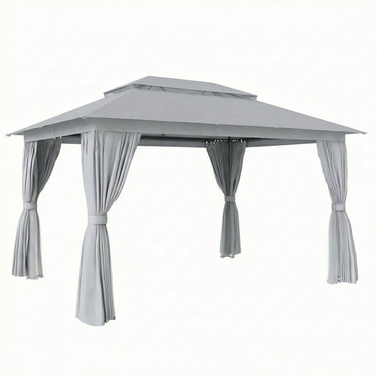 Photo of Outsunny 3 x 4 m Outdoor Garden Gazebo with Netting and Curtains, UPF50+ Patio Gazebo Permanent Pavilion Canopy, Dark Grey in Grey colour on a white background