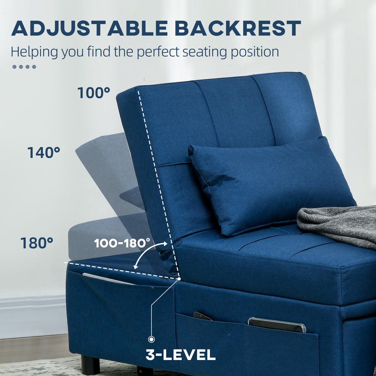 Blue chair bed with adjustable three-level backrest and matching pillow.