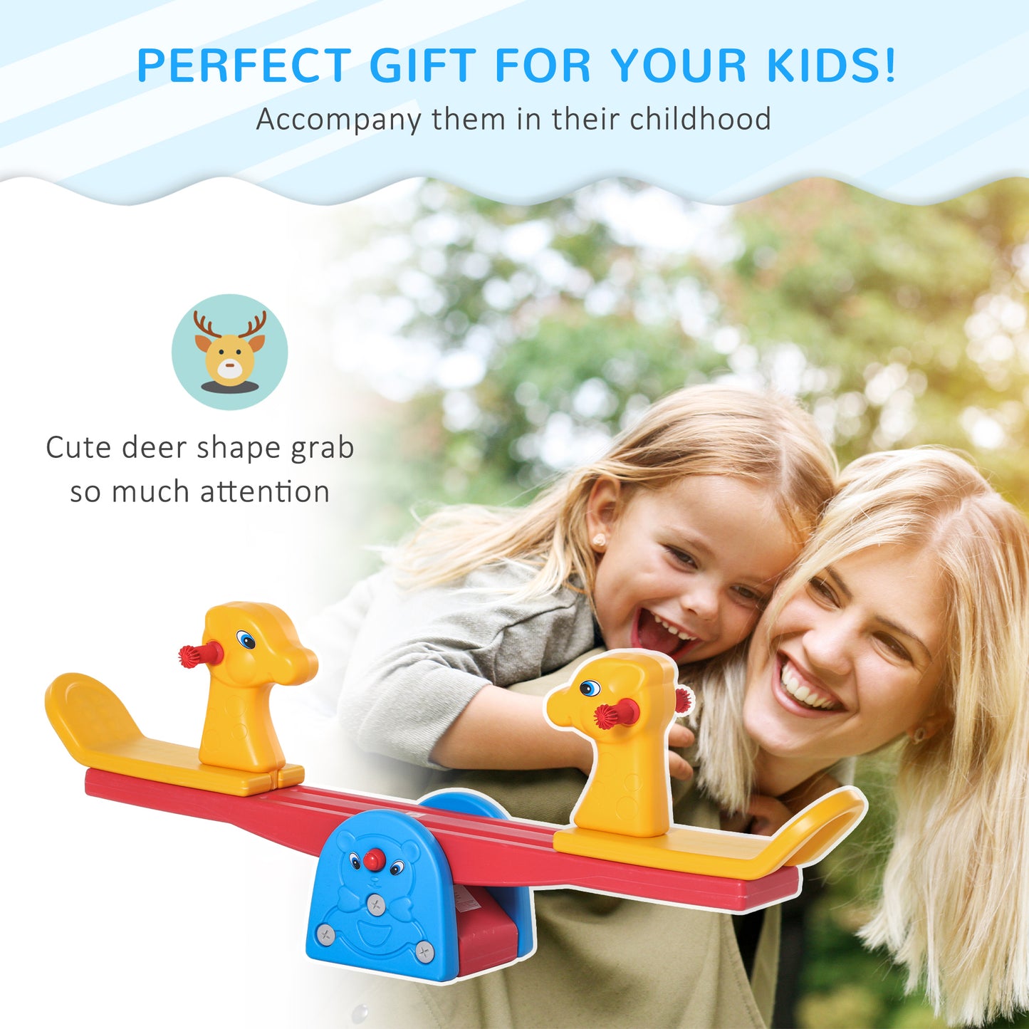 HOMCOM Kids Seesaw Teeter Totter 2 Seats with Easy-Grip Handles, Indoor Outdoor Living Room Playroom Garden, for 1-4 years old