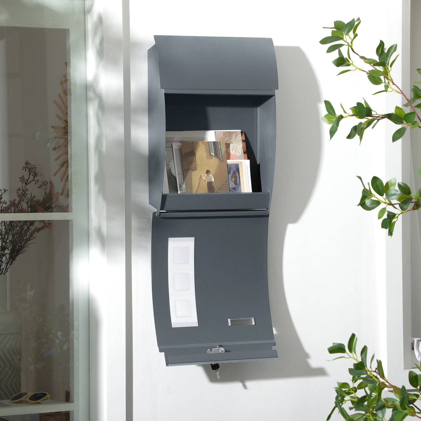 HOMCOM Wall Mounted Letter Box, Weatherproof Post Box for Outside Wall, Modern Mailbox with 2 Keys and Nameplate, Anthracite Grey