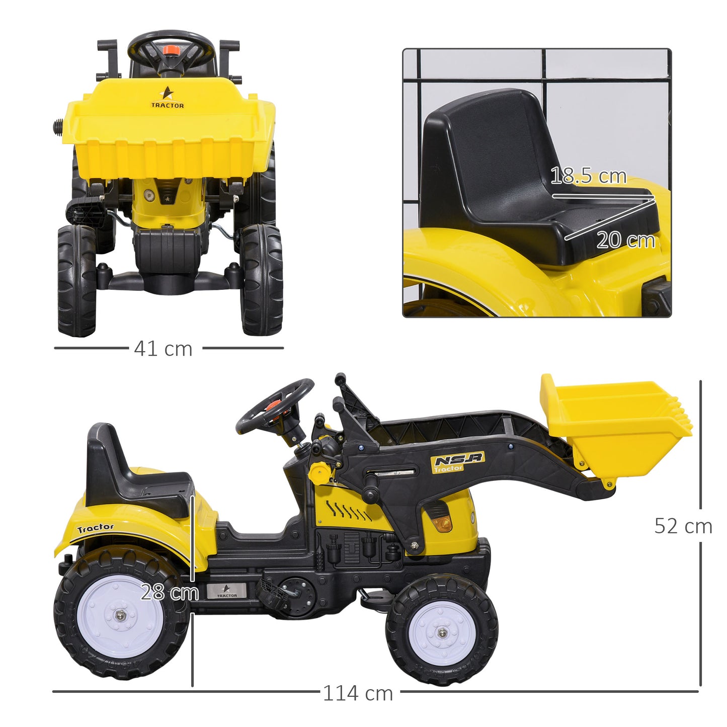 HOMCOM Ride On Tractor, Toddler Excavator Toy, Pretend Play Construction Truck with Adjustable Bucket, Horn for 3 Years+