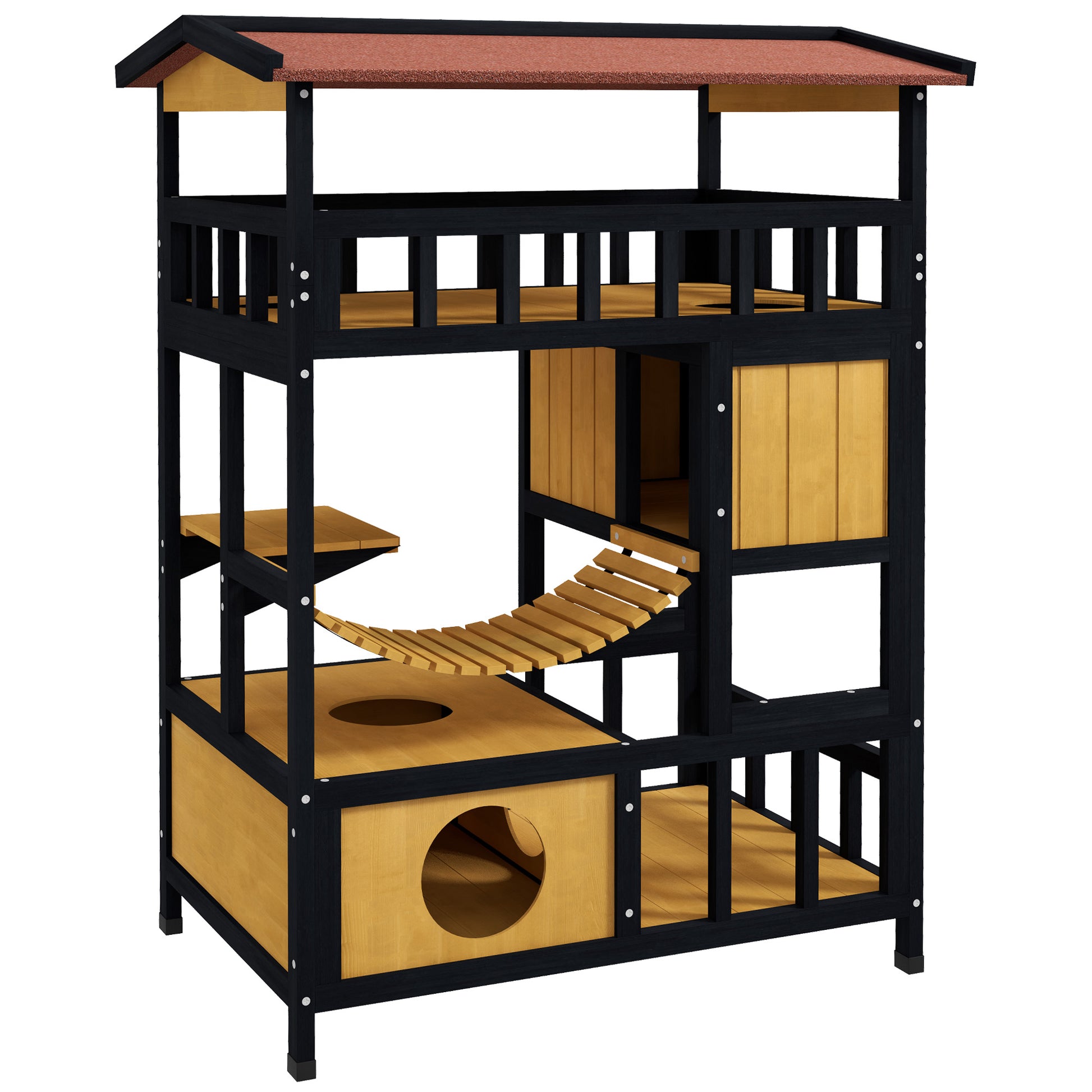 Photo of PawHut Outdoor Cat Shelter, Four-Tier Wooden Feral Cat House, with Suspension Bridge, Cat Houses, Balcony, Escape Doors in Doors colour on a white background