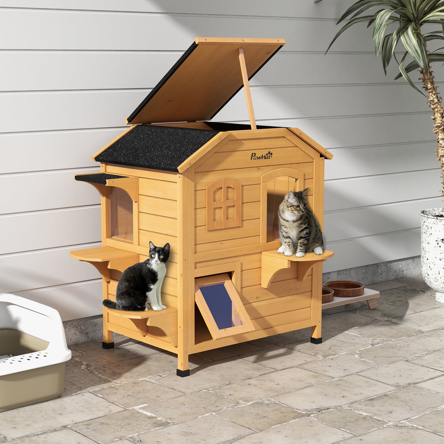 PawHut 2-story Cat House Outdoor, Weatherproof Wooden Cat Enclosure with Openable Roof, Jumping Platforms, Natural Wood Finish