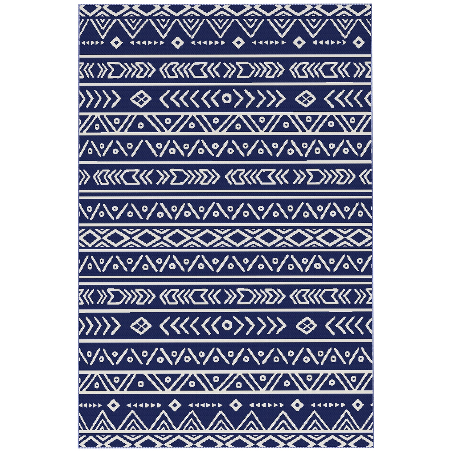 Photo of Outsunny Reversible Outdoor Rug with Carry Bag, Waterproof Plastic Straw Mat for Garden, Deck, RV, Picnic, Beach, Camping, 182 x 274cm, Dark Blue and White in White colour on a white background
