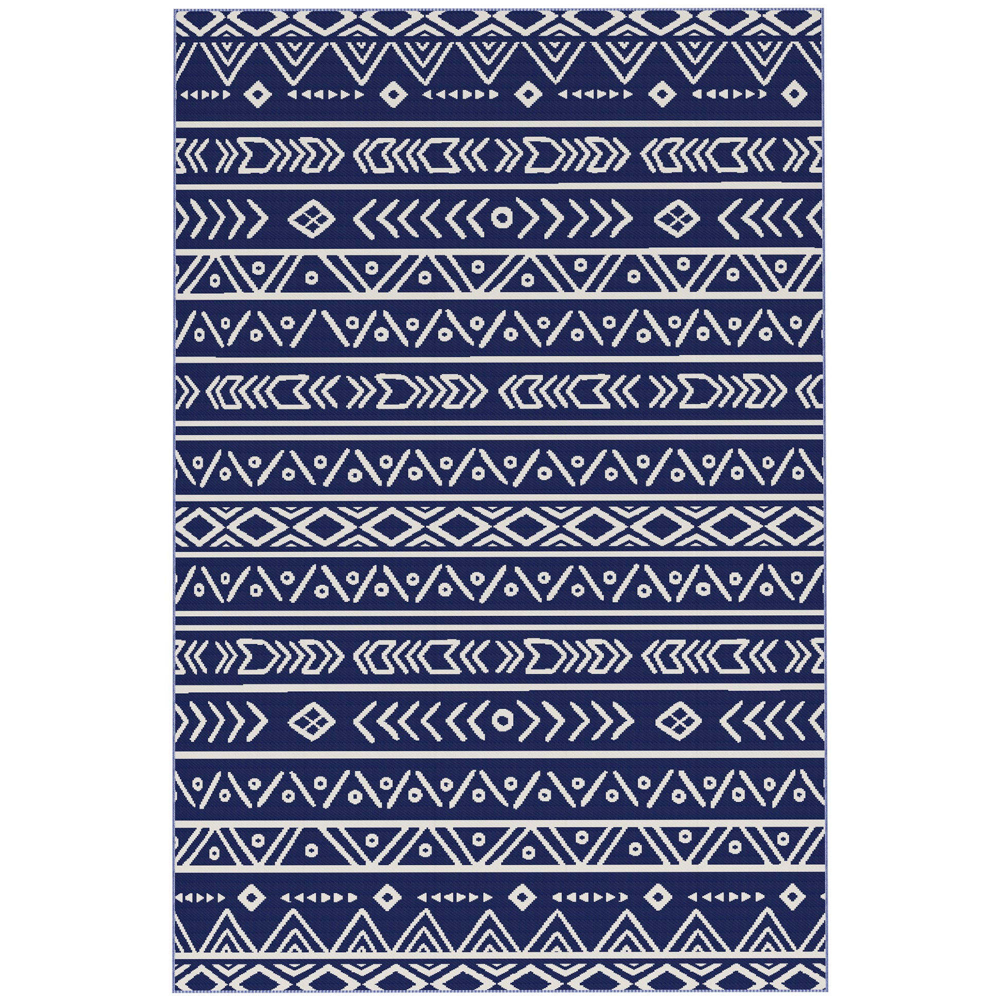 Photo of Outsunny Reversible Outdoor Rug with Carry Bag, Waterproof Plastic Straw Mat for Garden, Deck, RV, Picnic, Beach, Camping, 182 x 274cm, Dark Blue and White in White colour on a white background