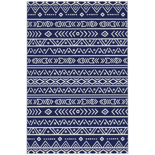 Photo of Outsunny Reversible Outdoor Rug with Carry Bag, Waterproof Plastic Straw Mat for Garden, Deck, RV, Picnic, Beach, Camping, 182 x 274cm, Dark Blue and White in White colour on a white background