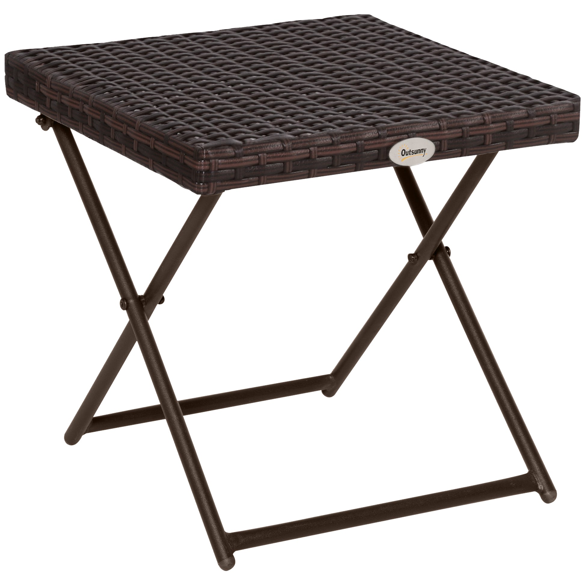 Photo of Outsunny Folding Rattan Garden Coffee Table, Small Square Outdoor Bistro Side Table with Rattan Top for Patio, Balcony, Porch, 40 x 40 x 40 cm, Brown in Brown colour on a white background