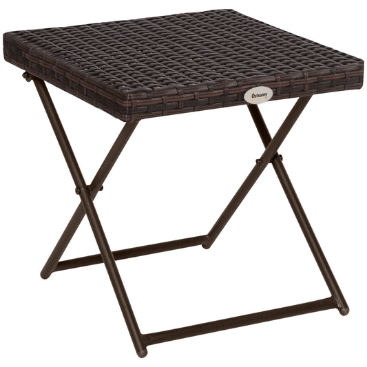 Photo of Outsunny Folding Garden Coffee Table, Wicker Outdoor Bistro Side Table with PE Rattan Top for Patio, Balcony, Porch, 40 x 40 x 40 cm, Brown in Brown colour on a white background