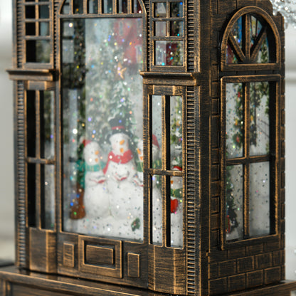 Close-up of snow globe lantern window framing snowmen and swirling glitter