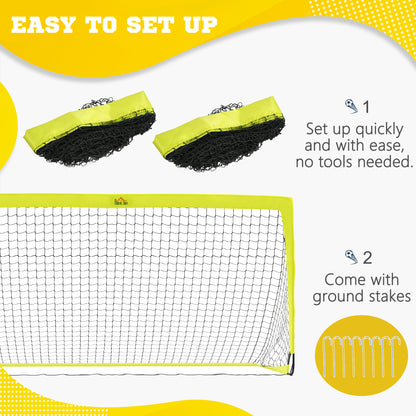 Foldable football goals with black mesh nets and ground stakes for quick setup
