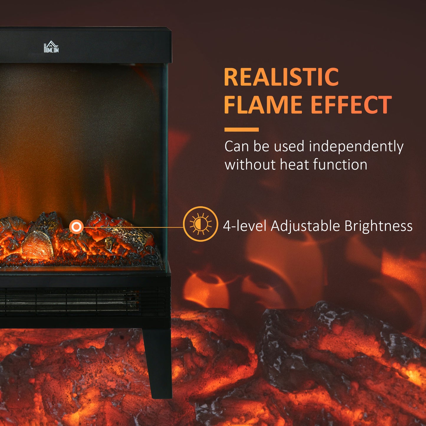 HOMCOM 180° Charming Electric Fireplace Heater, Quiet Freestanding Stove with LED Flame Effect, 3-Sided Tempered Glass Panels, Level-less Temperature Control, Overheat Protection, 1000W/2000W, Black