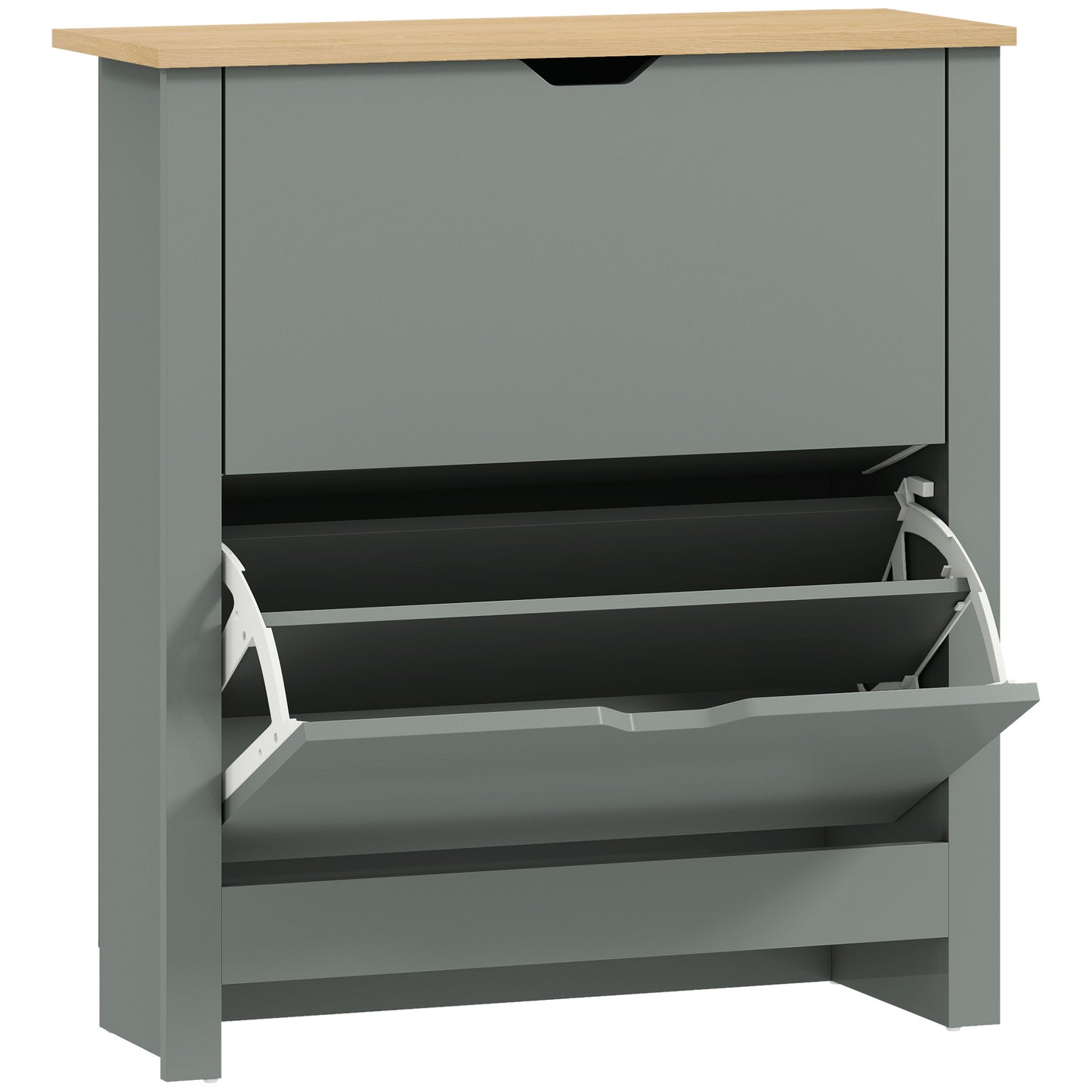 Photo of HOMCOM Slim Shoe Cabinet, Narrow Shoe Cupboard with 2 Flip Drawers, Adjustable Shelves for 12 Pairs of Shoes, Light Grey in Grey colour on a white background