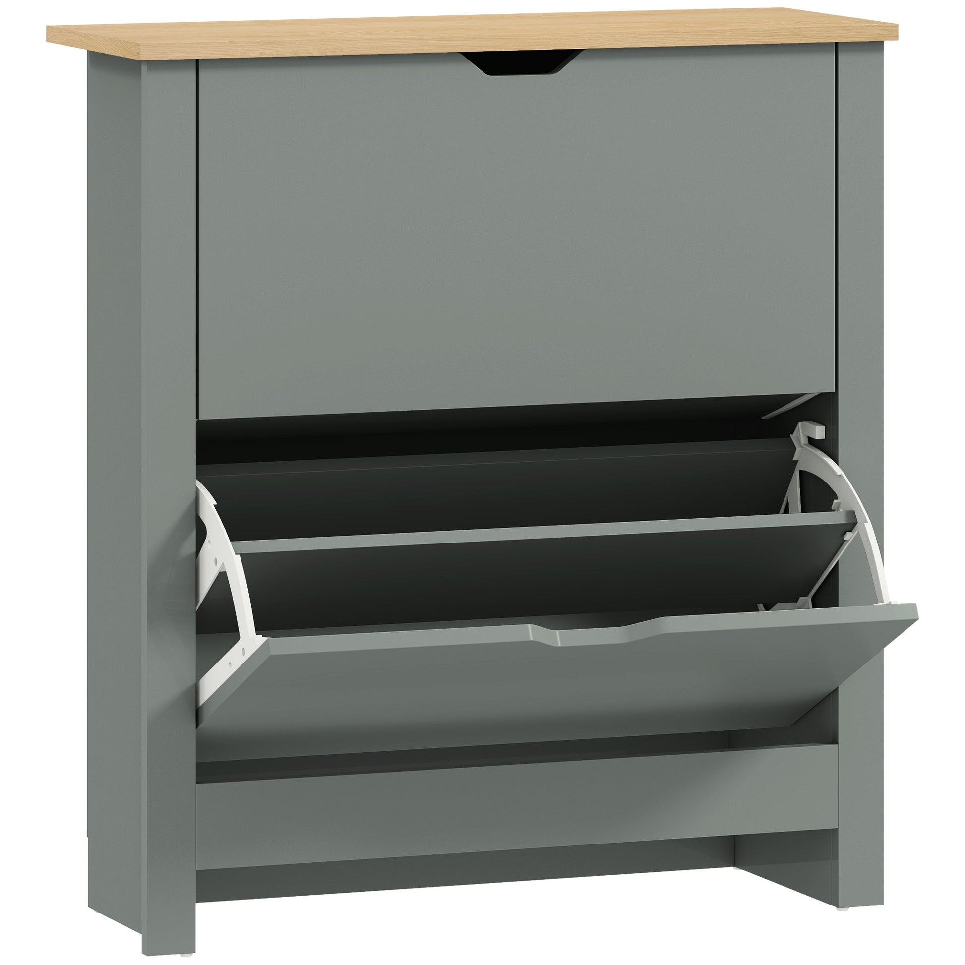 Photo of HOMCOM Slim Shoe Cabinet, Narrow Shoe Cupboard with 2 Flip Drawers, Adjustable Shelves for 12 Pairs of Shoes, Light Grey in Grey colour on a white background