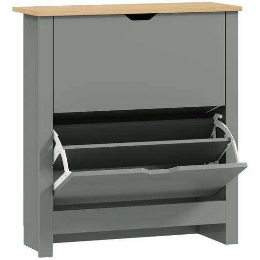 Photo of HOMCOM Slim Shoe Cabinet, Narrow Shoe Cupboard with 2 Flip Drawers, Adjustable Shelves for 12 Pairs of Shoes, Light Grey in Grey colour on a white background