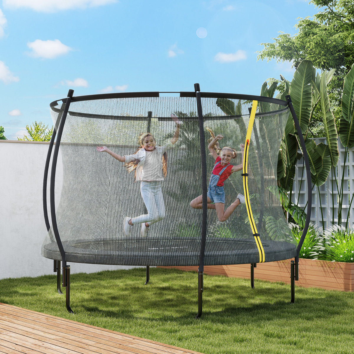 SPORTNOW trampoline with enclosure net and yellow zippered entry shown in use by children