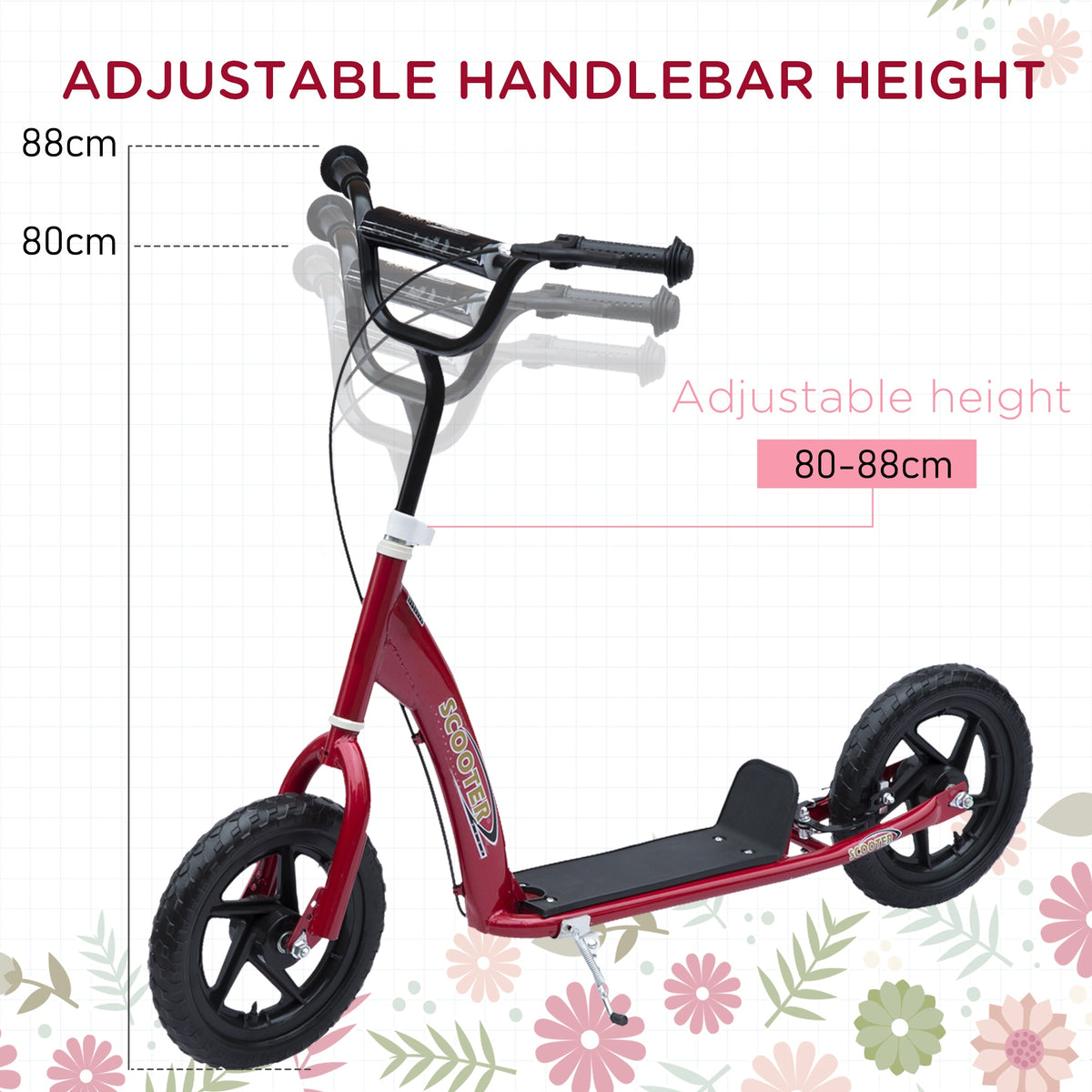 Red HOMCOM kids kick scooter with adjustable handlebar height from 80 to 88 cm