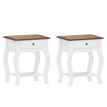 Pair of white French-style bedside tables with brown tops, drawers, open shelves and curved legs