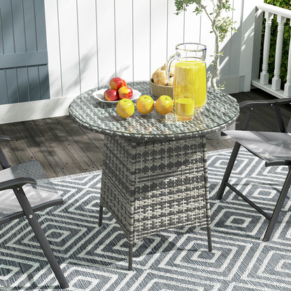Outsunny gray wicker patio table with glass top, set with drinks and fruit