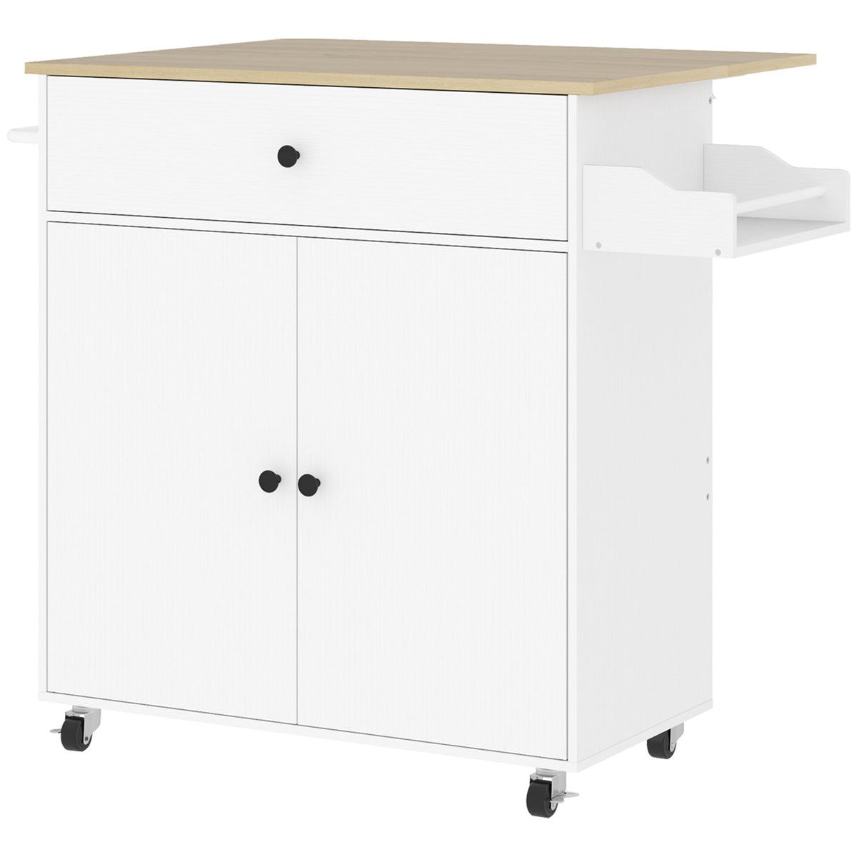 White rolling kitchen island with wood-tone drop leaf, drawer, cabinet doors, and side rack