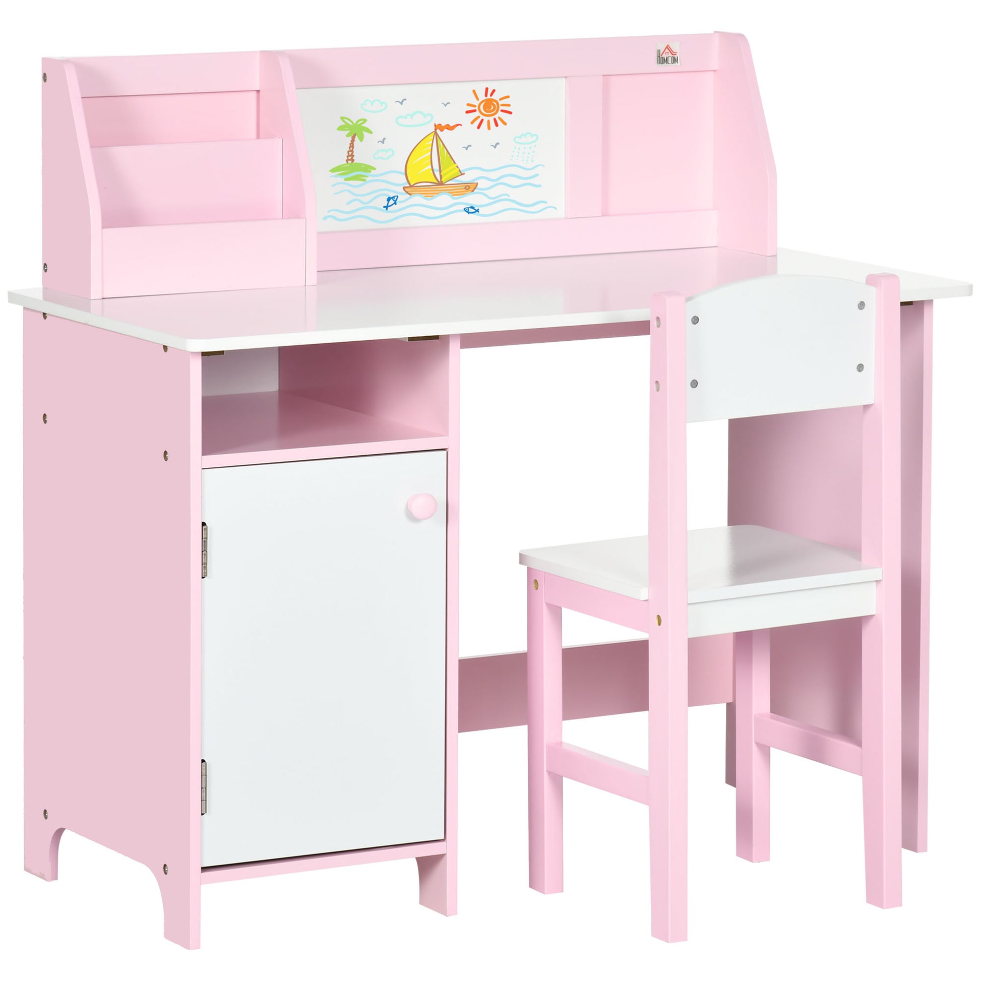 Photo of HOMCOM Kids Desk And Chair Set 2 PCs Childrens Table And Chair Set Multi Use Toddler Furniture with Whiteboard, Storage - Pink in Pink colour on a white background