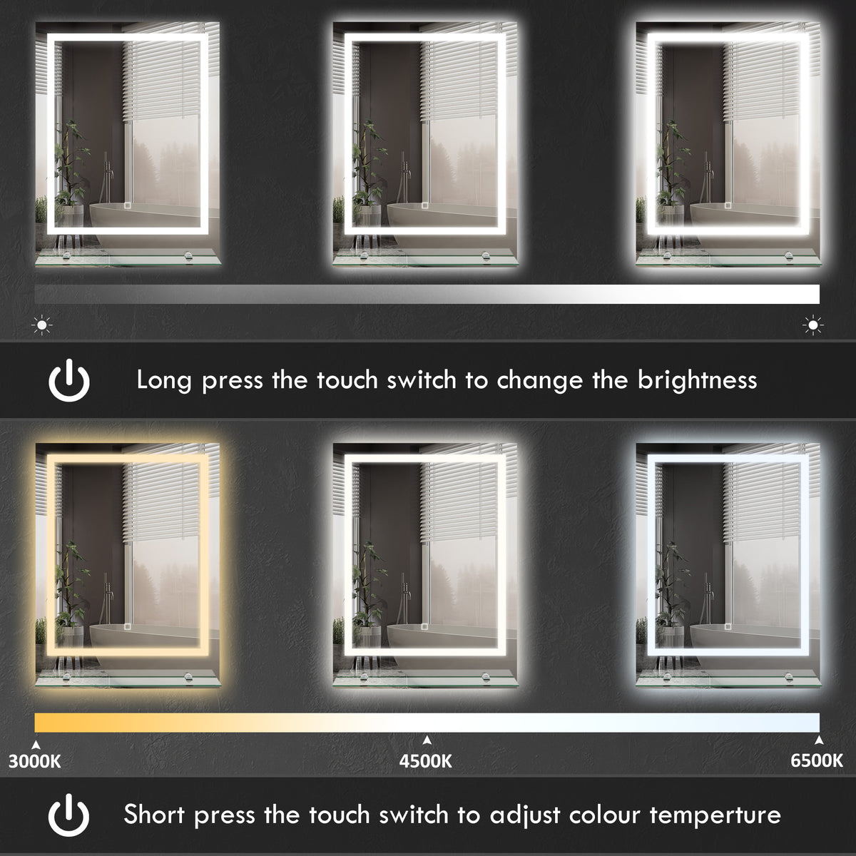 Illuminated bathroom mirror with adjustable brightness and three color temperatures