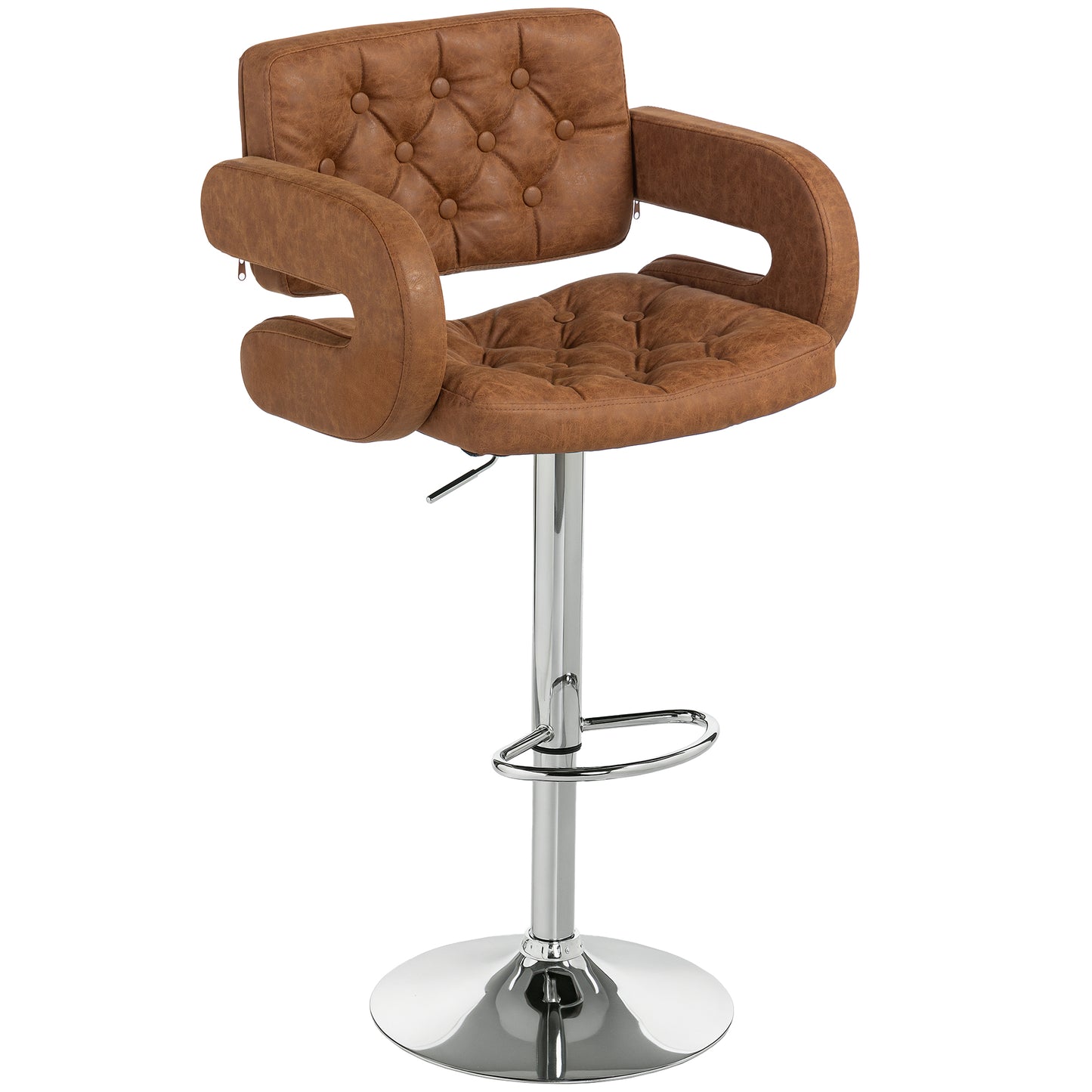 Photo of HOMCOM PU Leather Upholstered Swivel Bar Stool, Height Adjustable with Back, Armrest, Footrest, Brown in Brown colour on a white background