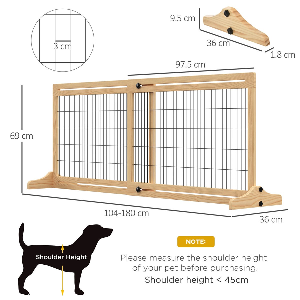 PawHut adjustable dog gate with dimensions and support feet