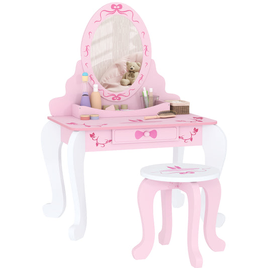 Photo of AIYAPLAY Kids Dressing Table Set, Vanity Table with Stool, Mirror, Drawer, Desktop, Storage, Ballet-Theme, Pink in Pink colour on a white background
