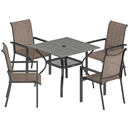 Photo of Outsunny 5 Pieces Outdoor Dining Set for 4, Garden Table and Stackable Chairs with Breathable Mesh Seat, Grey and Khaki in Khaki colour on a white background