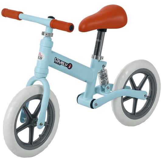 Blue kids' balance bike with rust-colored grips and seat, white tires, and rear shock absorber.