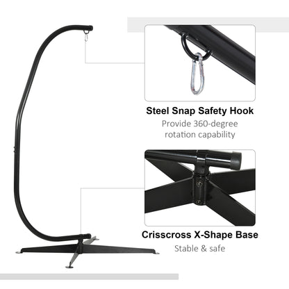 Black hammock chair stand with steel snap hook and cross-shaped base details