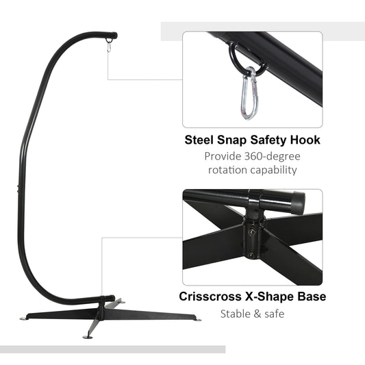 Black hammock chair stand with steel snap hook and cross-shaped base details