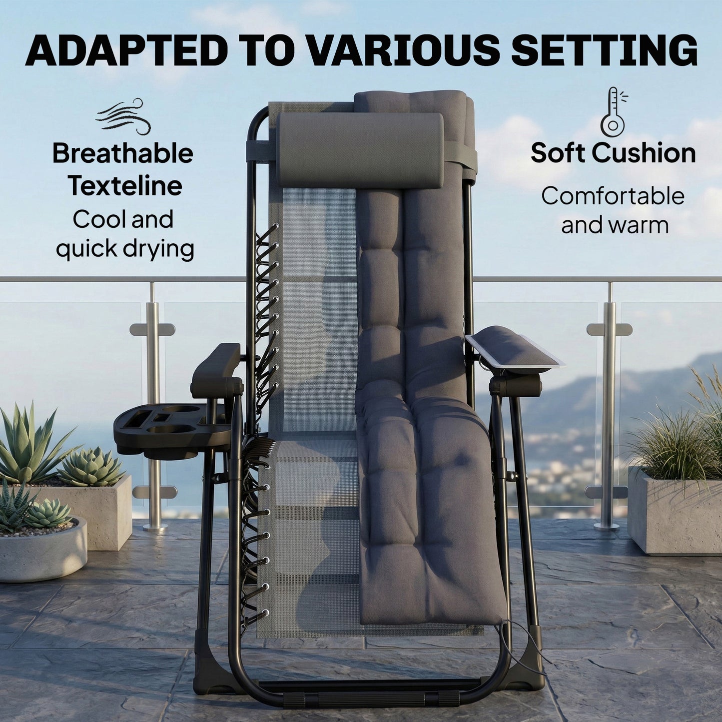 Outsunny Zero Gravity Chair, Folding Sun Lounger Reclining Garden Chair with Arm Pads, Cushion, Cup Holder, Headrest, Dark Grey
