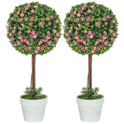 Two artificial rose topiary trees with round green crowns and white pots