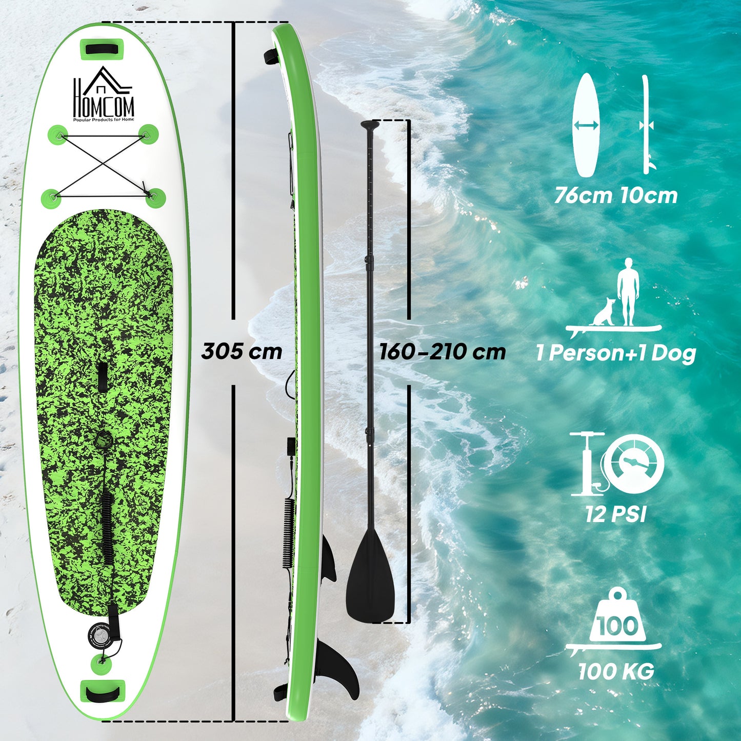 HOMCOM Inflatable Stand Up Paddle Board, 10' x 30" x 4", Non-Slip SUP, with ISUP Accessories, Hand Pump, 3 Fins, Adj Paddle for Youth Adult Beginners/Experts