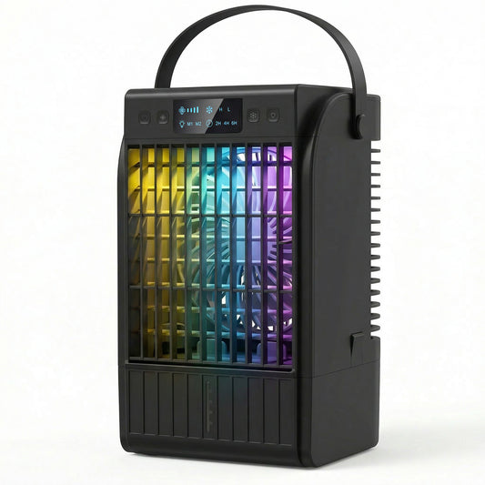 Photo of HOMCOM Portable Air Conditioner, 4-in-1 Mini Air Cooler with 4 Wind Speed, 2 Cool Mist, RGB 7 LED Light, Black in Black colour on a white background