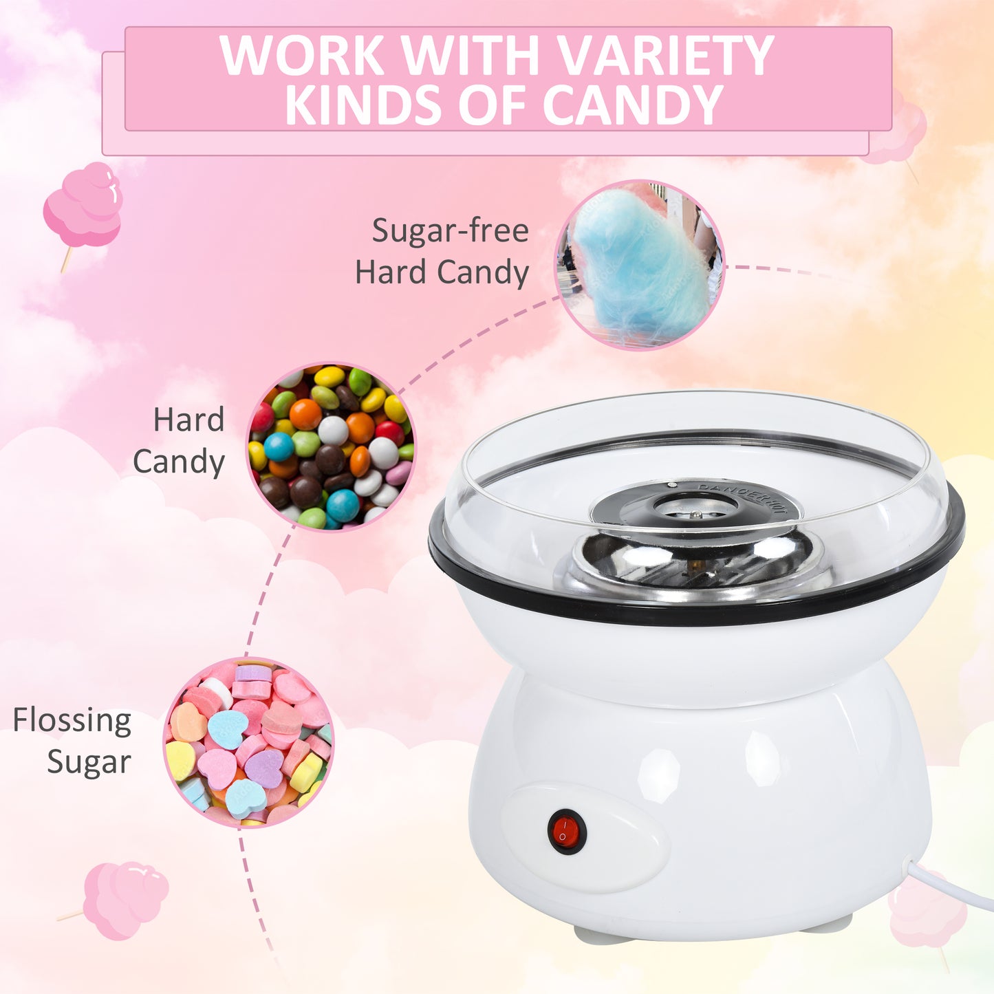 HOMCOM 450W Candy Floss Machine, Professional Automatic Cotton Candy Sweet Machine with Candyfloss Sticks, Spoon, Splash Guard, Non-Slip Base for Birthday Christmas Wedding Party, Funfair Style, White