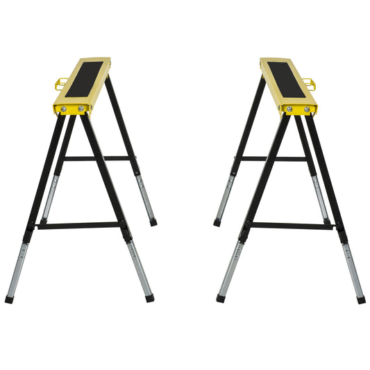 DURHAND pair of folding metal sawhorses with yellow tops and black non-slip pads