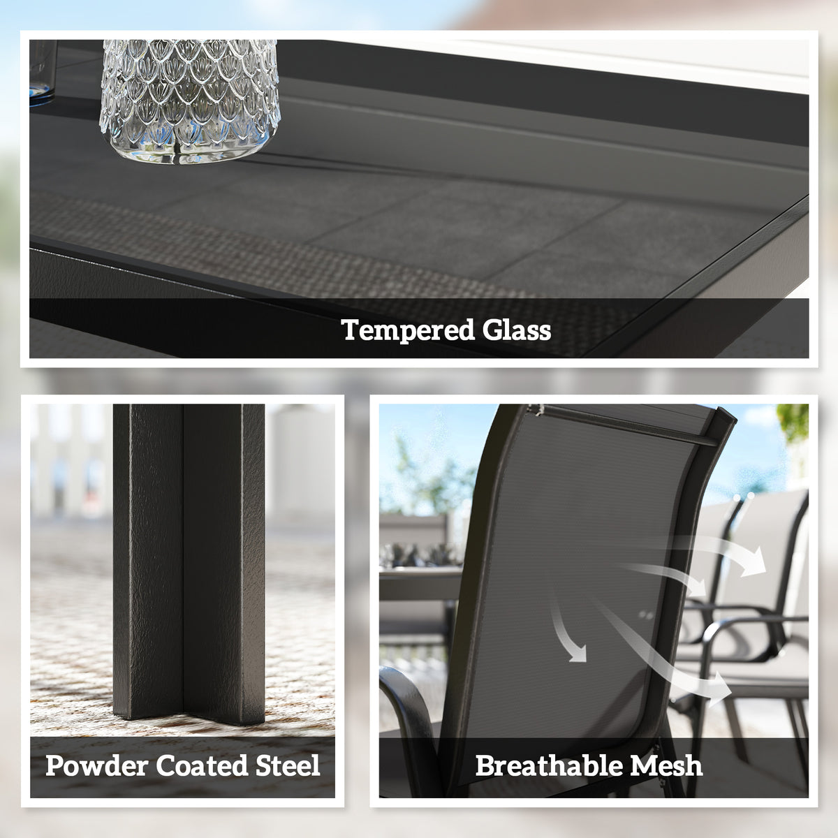 Outsunny 9 Pieces Garden Dining Set, Outdoor Table and Chairs Set for 8, Garden Furniture Set with Tempered Glass Top, Black